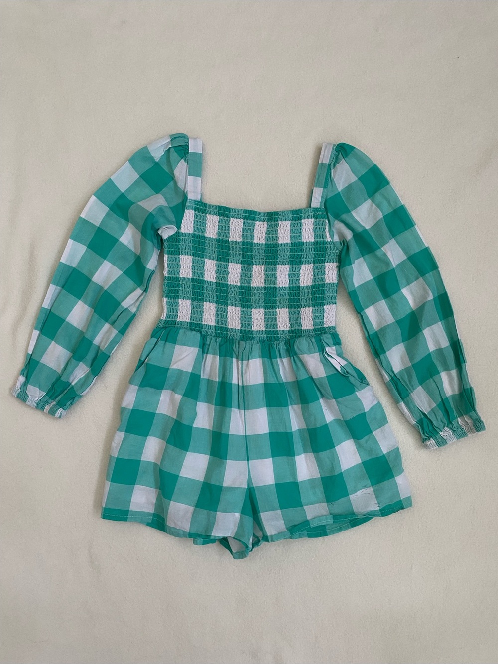 Janie and Jack Green White Gingham Romper Smocked Size 5 With Flaws